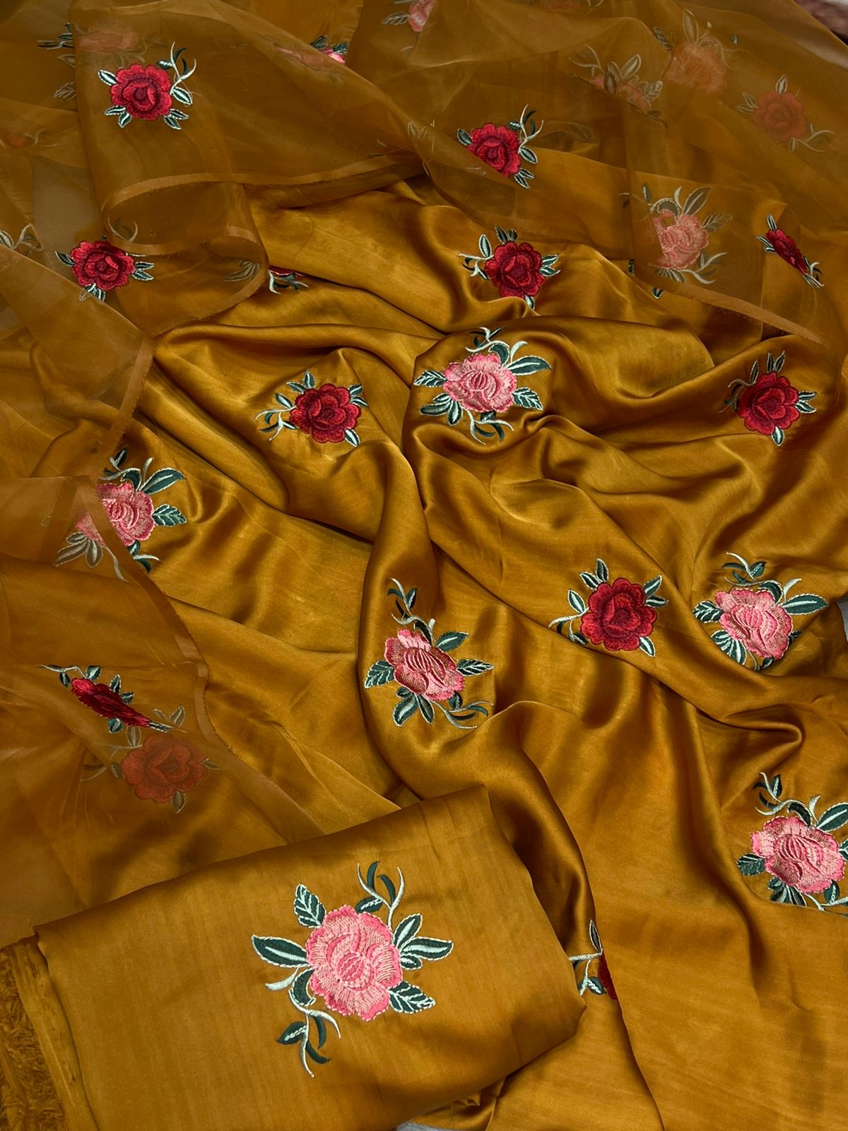 FANCY IMPORTED SHAMOOZ SILK 3 PIECE EMB UNSTICHED SUIT FOR WINTER 2025-2026 ORANGE
