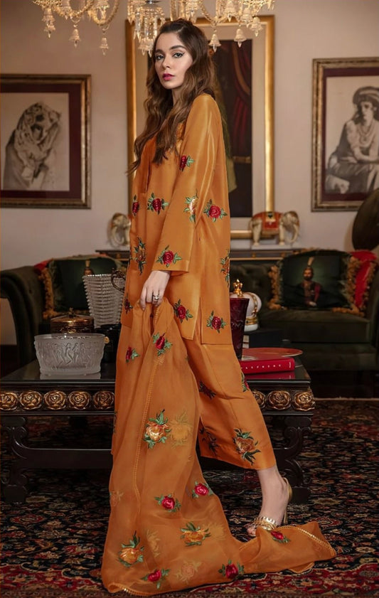 FANCY IMPORTED SHAMOOZ SILK 3 PIECE EMB UNSTICHED SUIT FOR WINTER 2025-2026 ORANGE