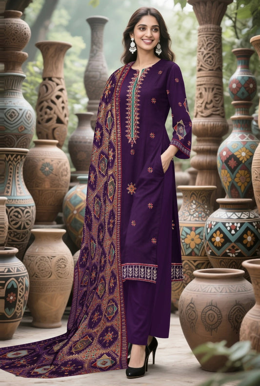 BAREEZE | DHANAK 3 PIECE FULL HEAVY EMB SUIT WITH HEAVY EMB SHAWL FOR WINTER 2025-26