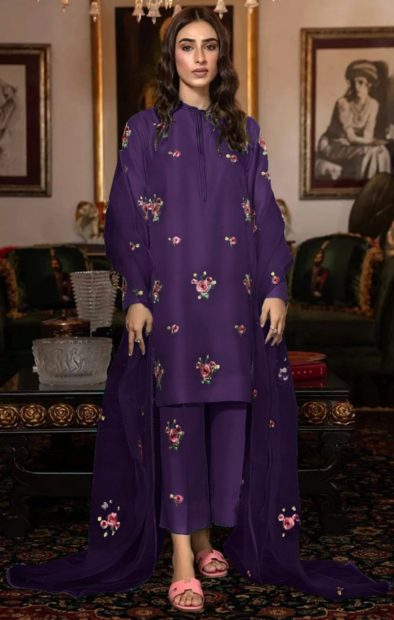 FANCY IMPORTED SHAMOOZ SILK 3 PIECE EMB UNSTICHED SUIT FOR WINTER 2025-2026 PURPLE