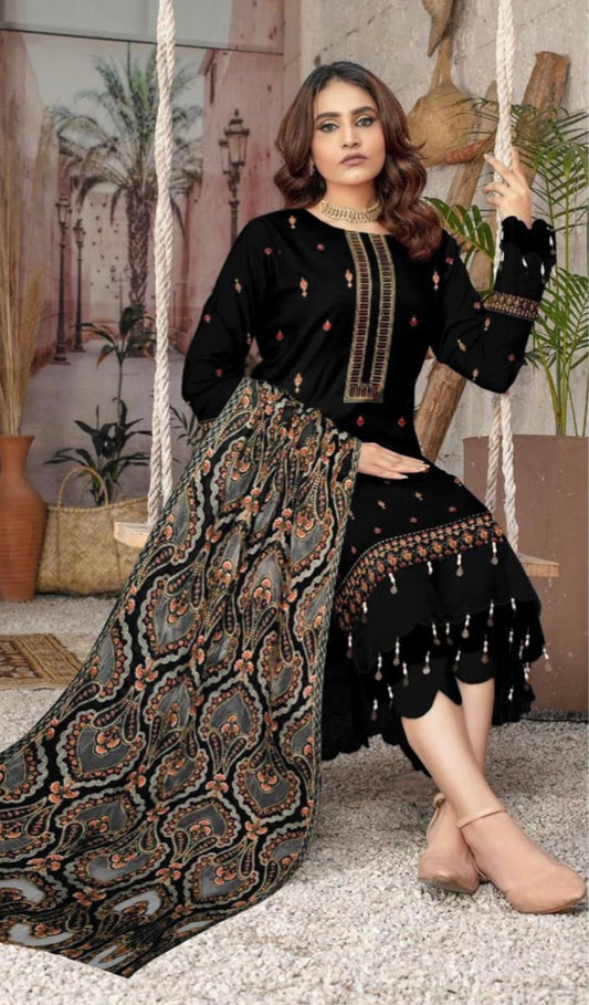 BAREEZE | DHANAK 3 PIECE FULL HEAVY EMB SUIT WITH HEAVY EMB SHAWL FOR WINTER 2025-26 BLACK