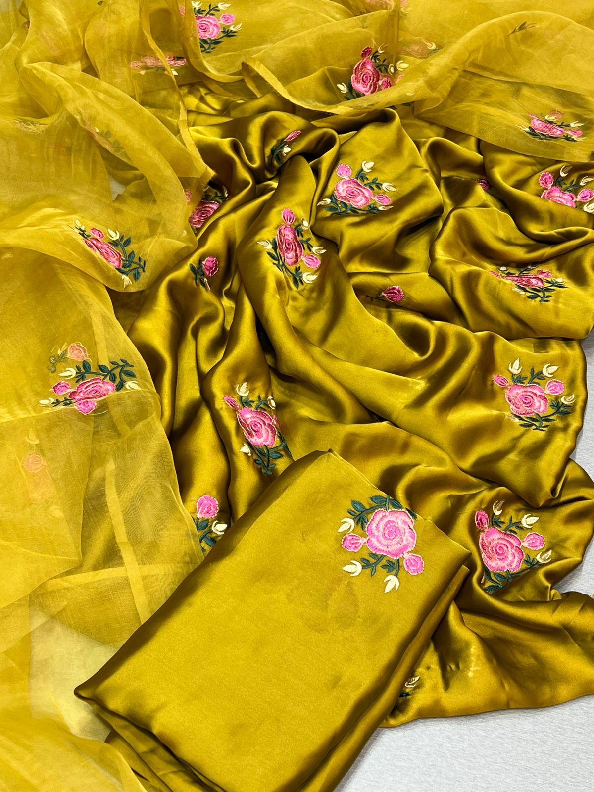 FANCY IMPORTED SHAMOOZ SILK 3 PIECE EMB UNSTICHED SUIT FOR WINTER 2025-2026 MUSTARD