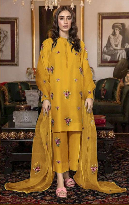 FANCY IMPORTED SHAMOOZ SILK 3 PIECE EMB UNSTICHED SUIT FOR WINTER 2025-2026 MUSTARD