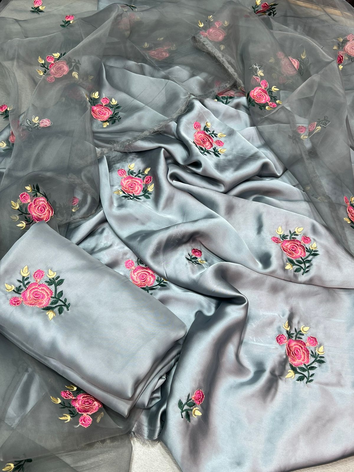 FANCY IMPORTED SHAMOOZ SILK 3 PIECE EMB UNSTICHED SUIT FOR WINTER 2025-2026 GREY