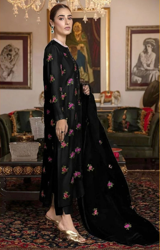 FANCY IMPORTED SHAMOOZ SILK 3 PIECE EMB UNSTICHED SUIT FOR WINTER 2025-2026 BLACK