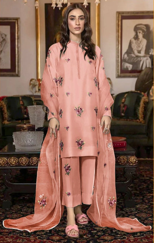 FANCY IMPORTED SHAMOOZ SILK 3 PIECE EMB UNSTICHED SUIT FOR WINTER 2025-2026 TEA PINK