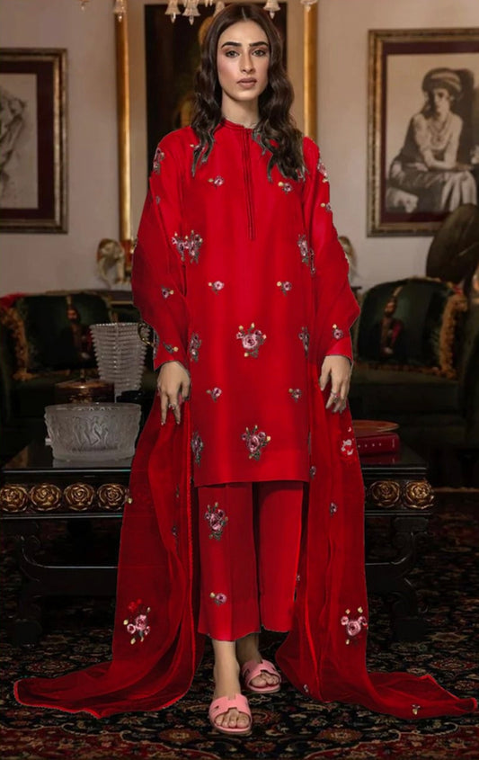 FANCY IMPORTED SHAMOOZ SILK 3 PIECE EMB UNSTICHED SUIT FOR WINTER 2025-2026 RED