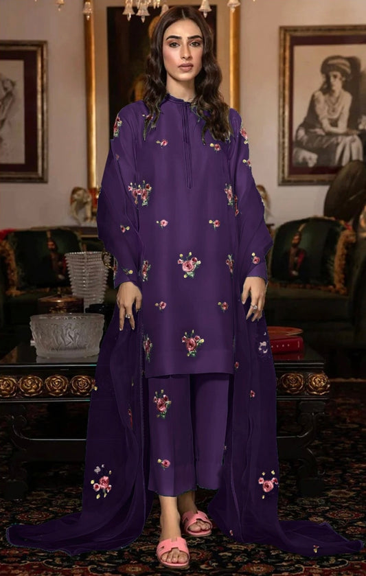 FANCY IMPORTED SHAMOOZ SILK 3 PIECE EMB UNSTICHED SUIT FOR WINTER 2025-2026 PURPLE