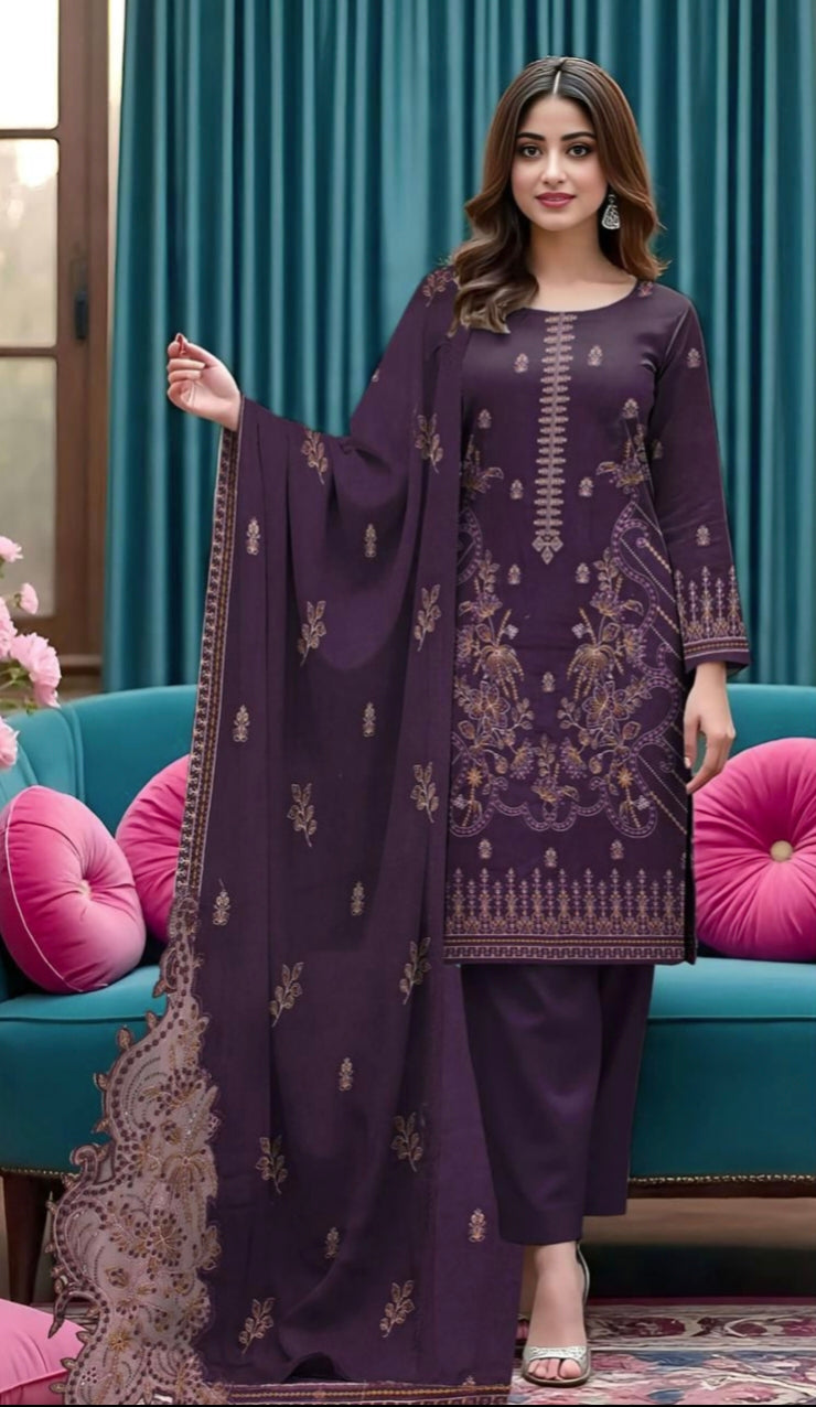 BAREEZE | DHANAK 3 PIECE FULL HEAVY EMB SUIT WITH HEAVY EMB SHAWL FOR WINTER 2025-211 PURPLE