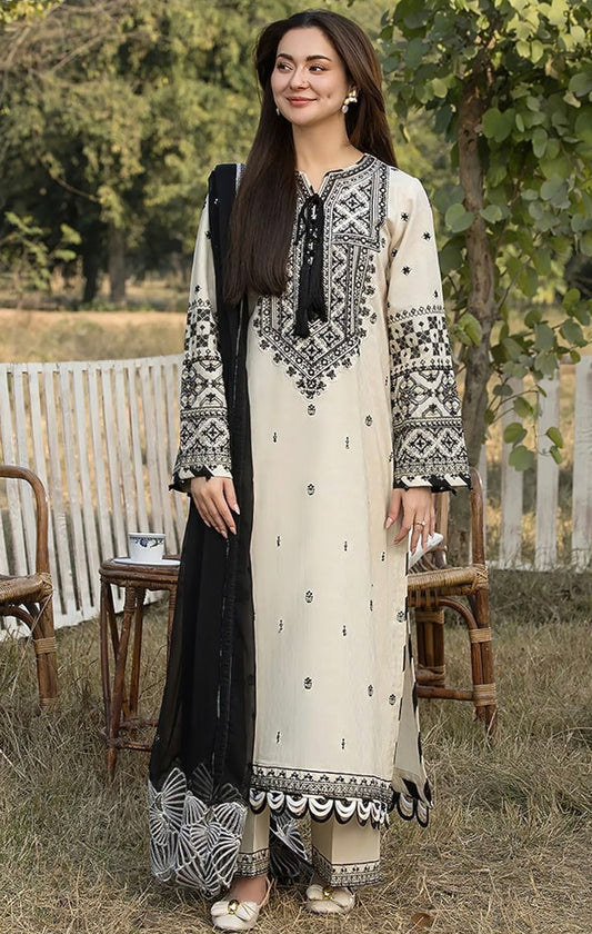 QALAMKAR | LAWN 3 PIECE UNSTICHED FULL HEAVY EMB SUIT WITH READY TO WEAR CUTTWORK DUBATTA FOR SUMMER 2026